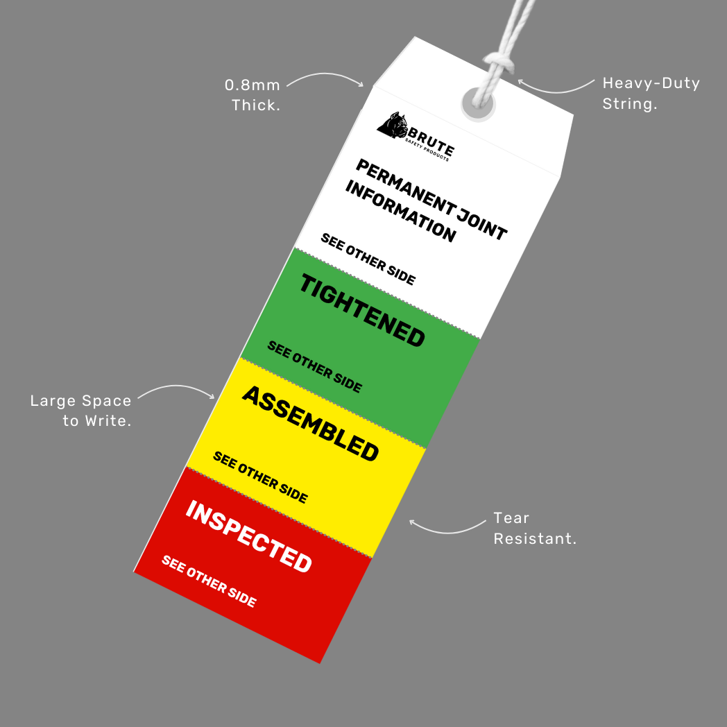 Tag with color-coded sections for permanent joint information on a gray background