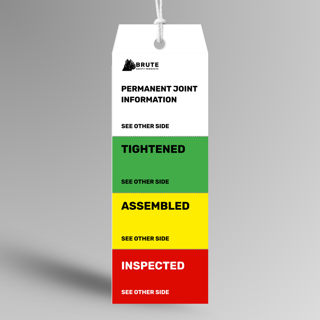 Tag with text and color-coded sections on a gray background