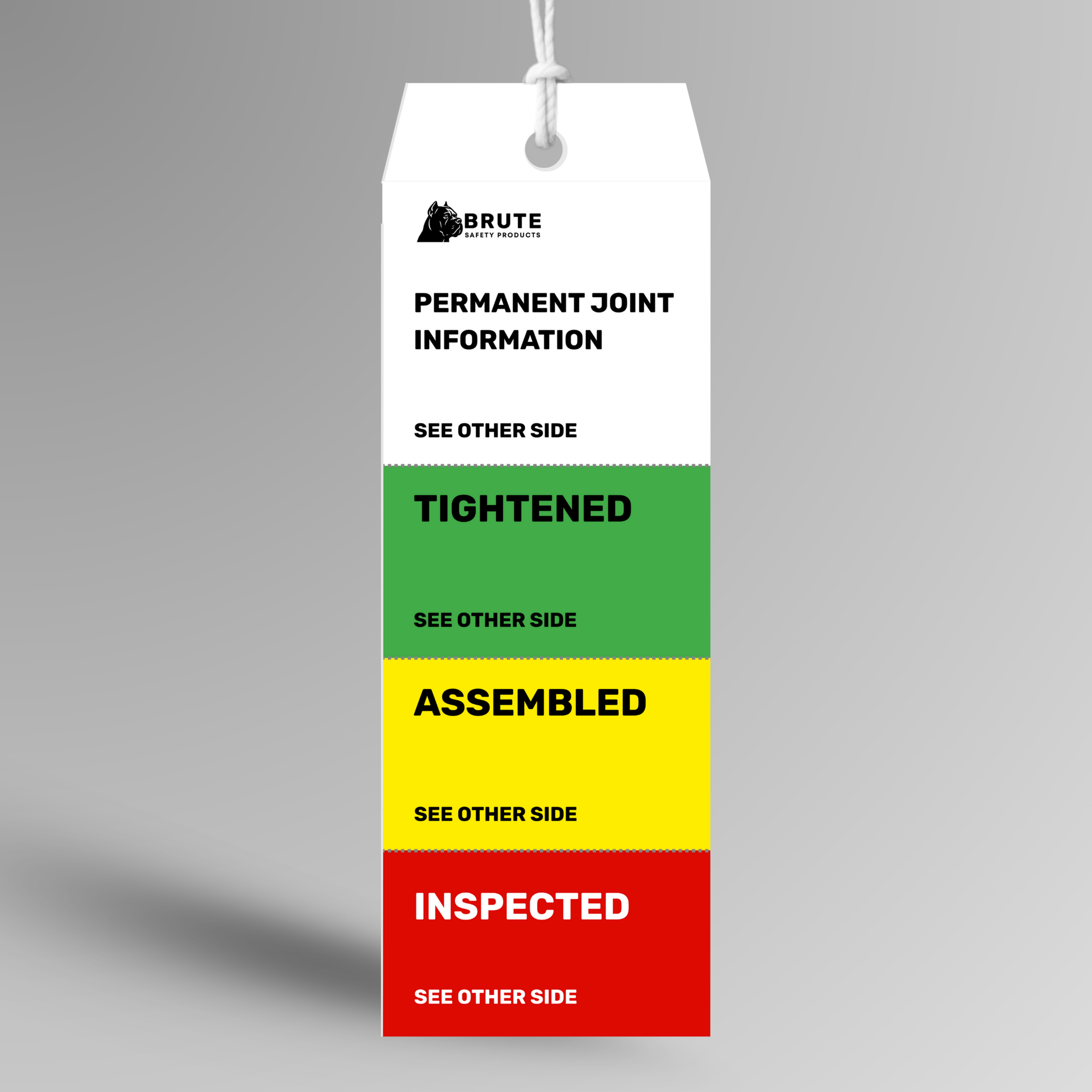 Tag with text and color-coded sections on a gray background