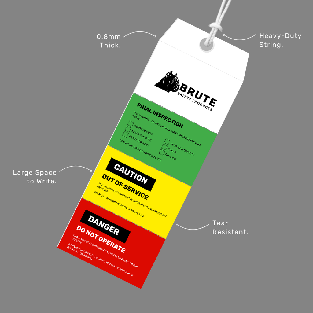 Brute safety products tag with color-coded warning messages on a gray background