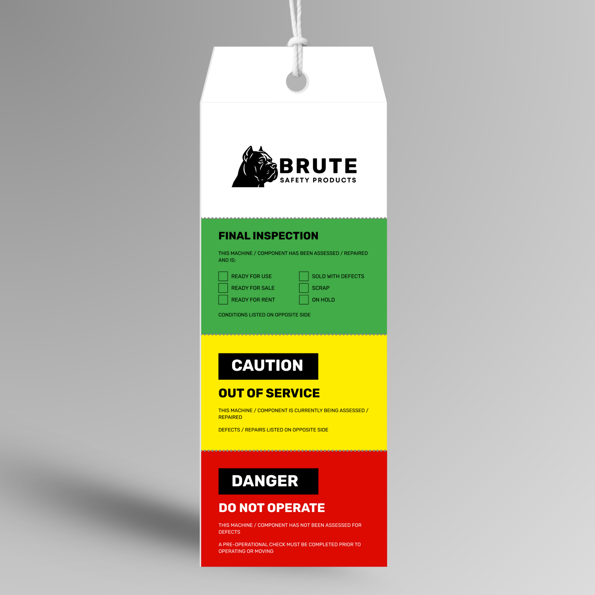Brute safety products packaging with color-coded warning labels on a gray background