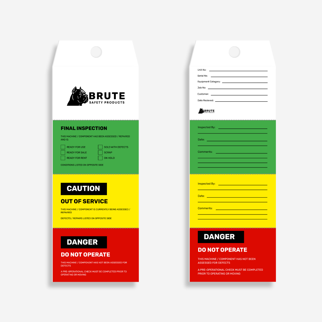 Two safety tags from Brute Safety Products with color-coded warning messages on a white background.