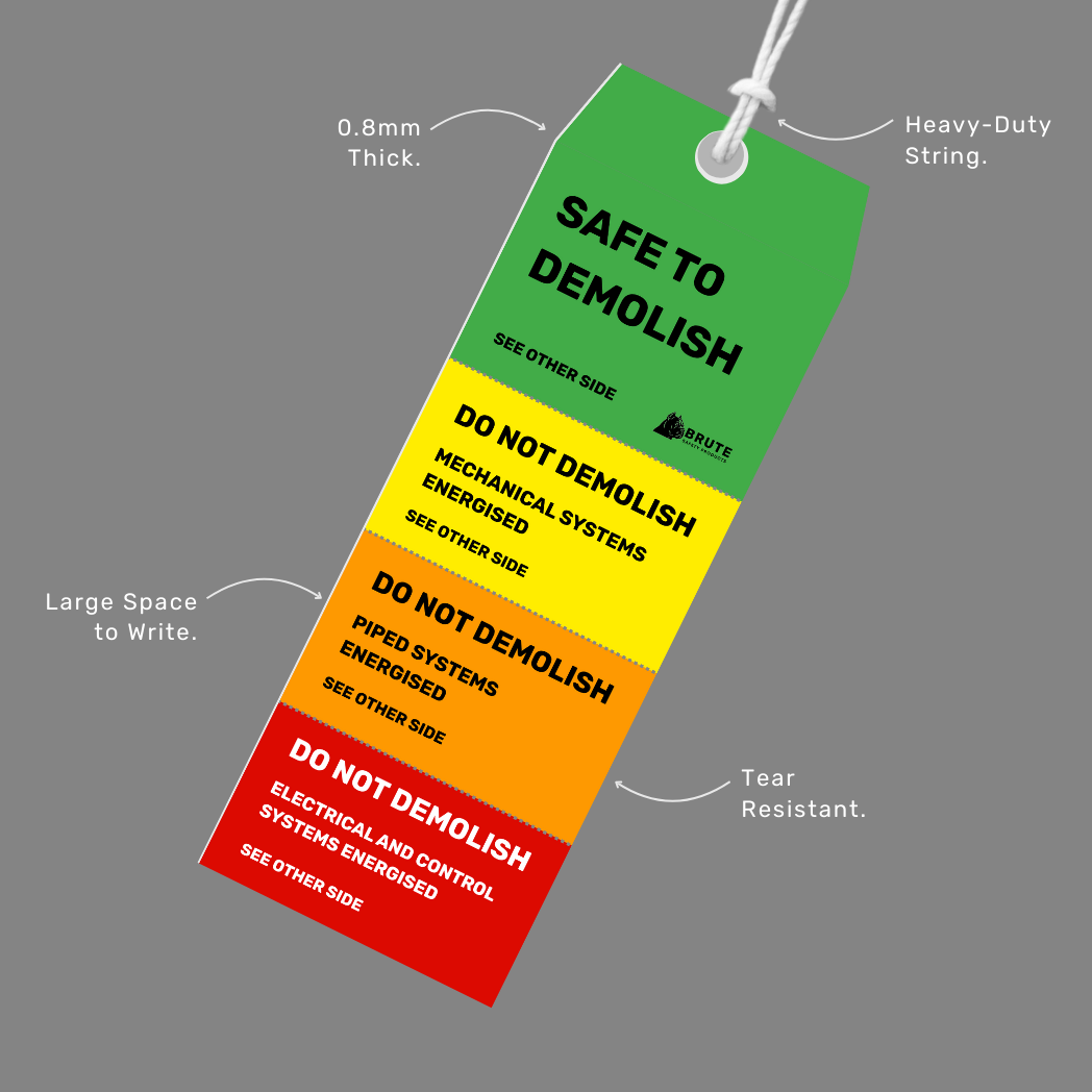 Colorful tag with safety instructions on a gray background
