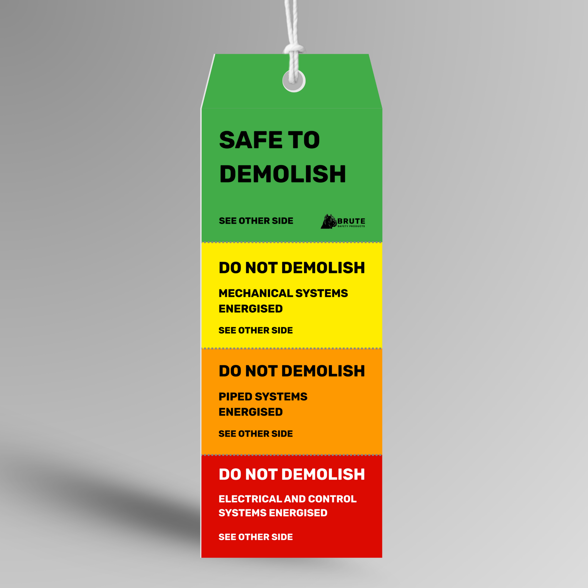Safety tag with warning messages on a gray background