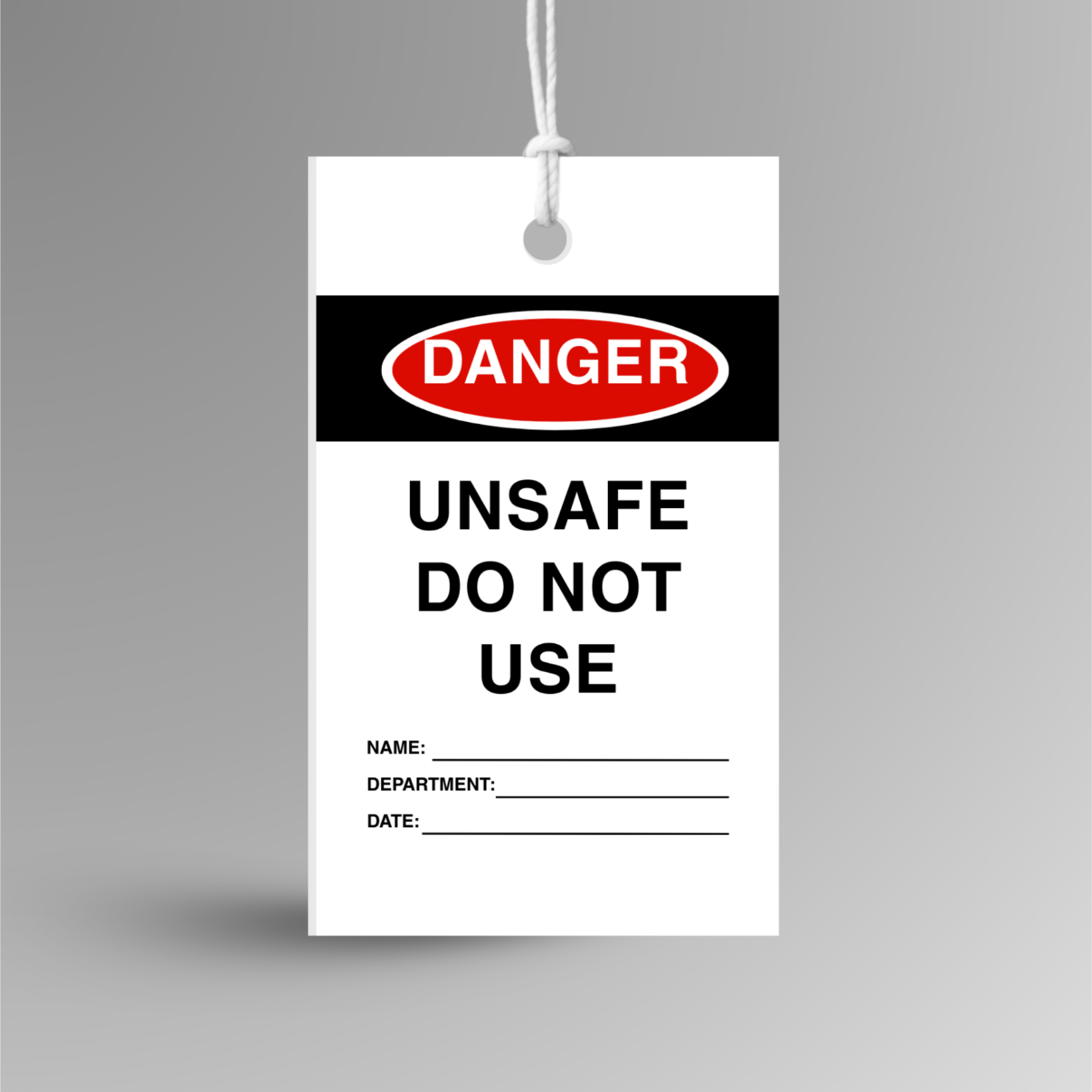 Safety tag with 'Danger: Unsafe Do Not Use' text on a gray background