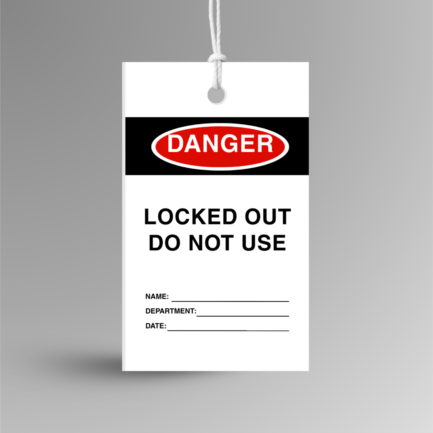 Safety tag with 'DANGER LOCKED OUT DO NOT USE' text on a gray background