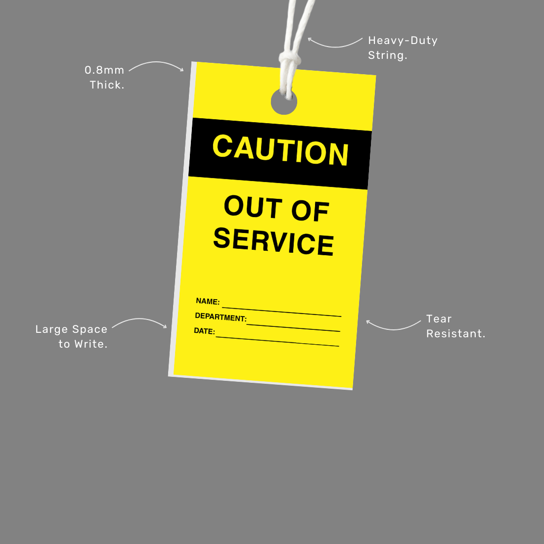 Yellow 'Out of Service' tag with black text on a gray background
