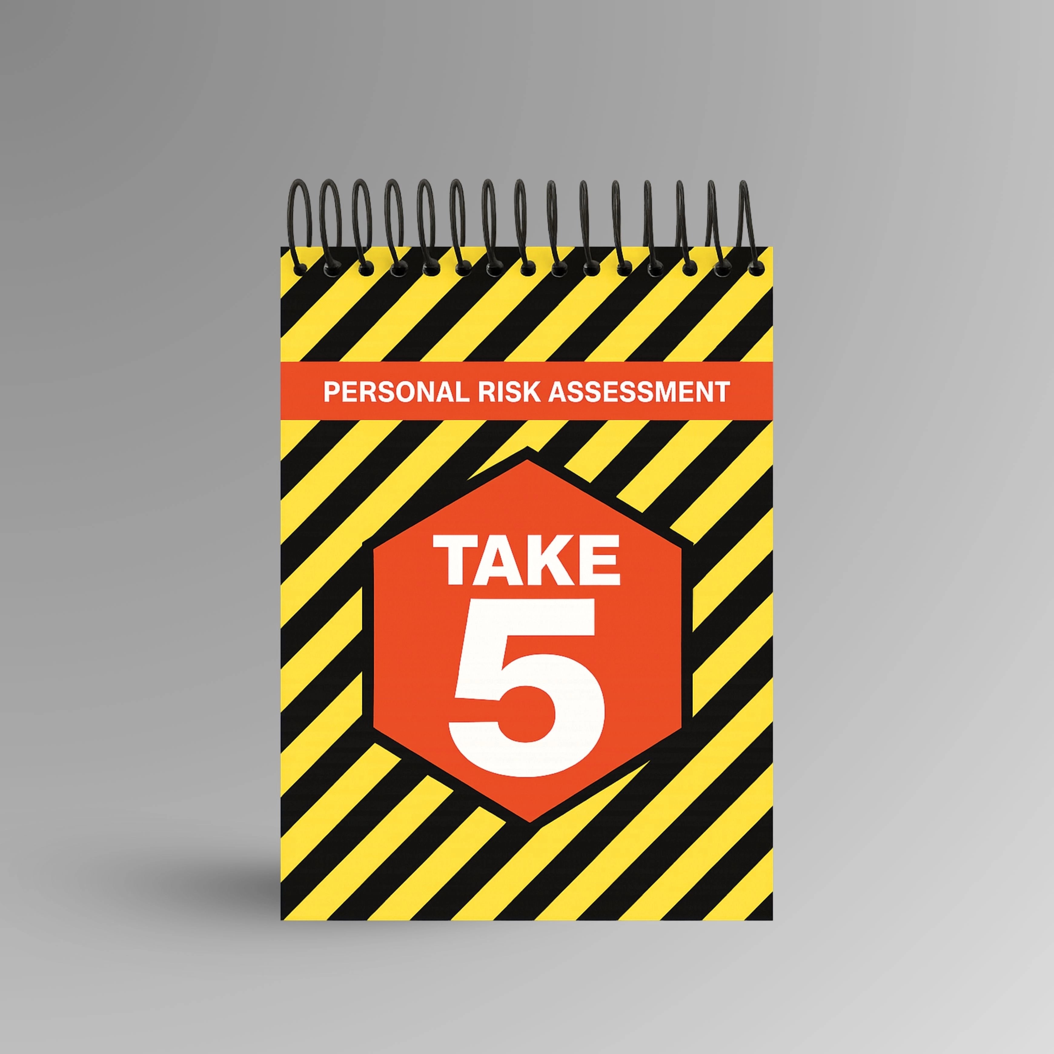 Take 5 Book shown upright in red and yellow with Brute Safety Products branding, compact 130 x 80 mm spiral bound design