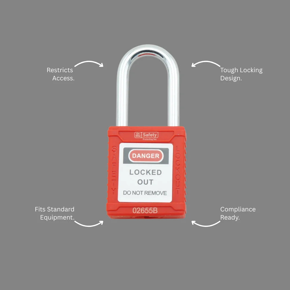 BLT 001 red safety padlock with callout highlighting keyed different feature and compliance benefits for workplace lockout