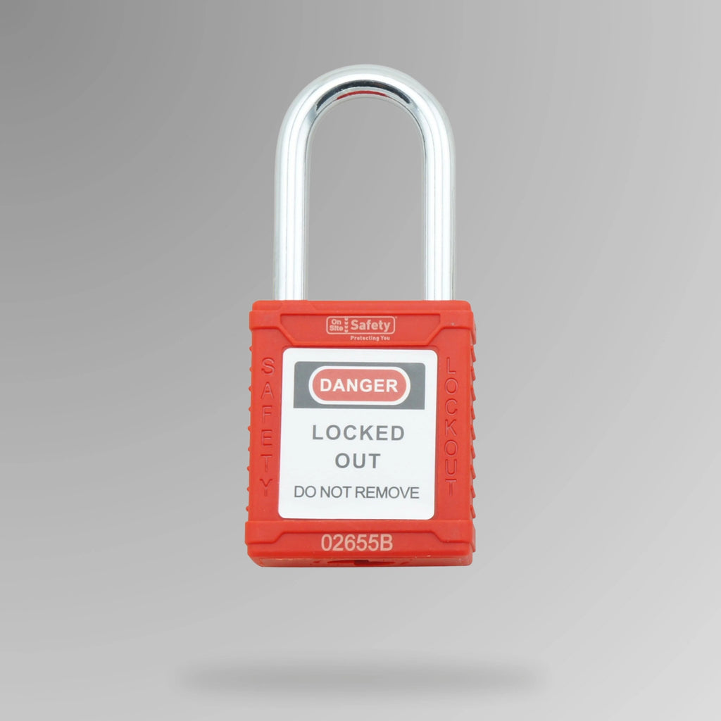 Red LOTO padlock BLT 001 shown upright with non-conductive nylon casing and DANGER label for lock out tag out applications