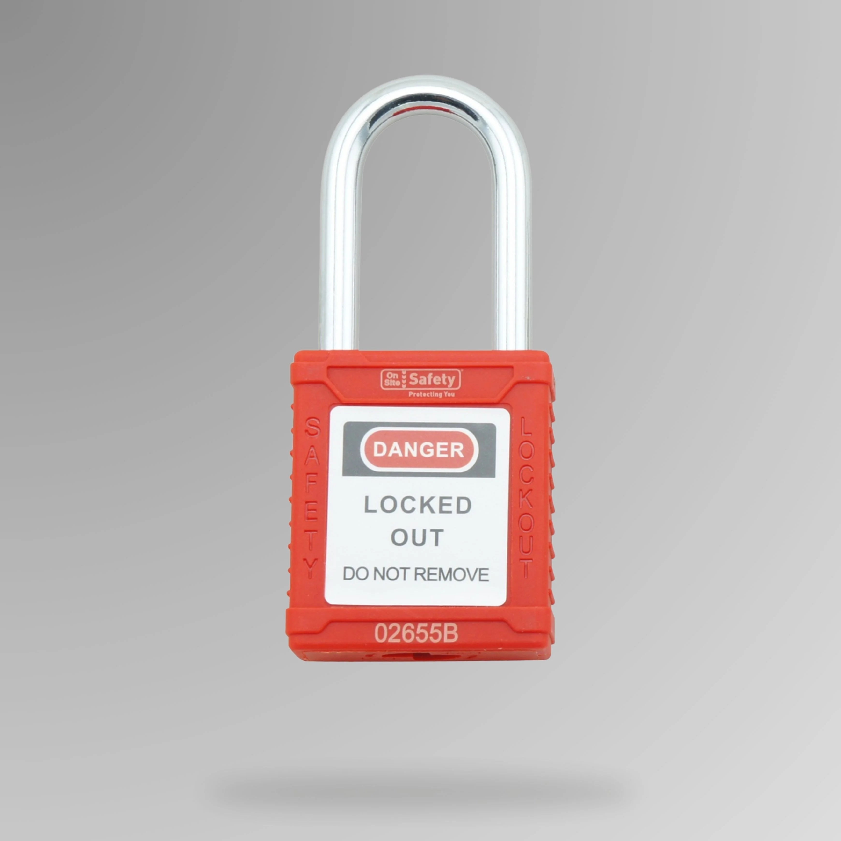 Red LOTO padlock BLT 001 shown upright with non-conductive nylon casing and DANGER label for lock out tag out applications