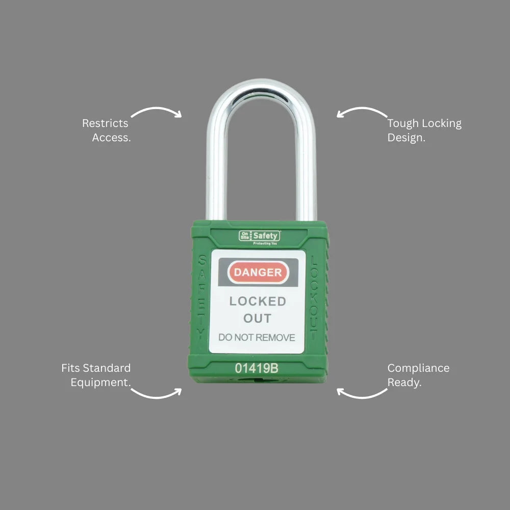 BLT 002 green safety padlock with callout showing AS4024.1603 compliance, extreme temperature capability, and keyed different security