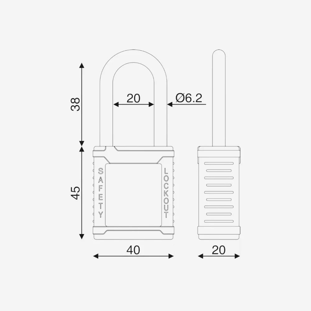 Green keyed different padlock BLT 002 displayed flat showing 83 x 38mm dimensions, writable panel, and serial number traceability