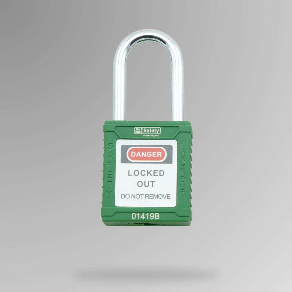 Green LOTO padlock BLT 002 shown upright with non-conductive nylon body and DANGER label for electrical lock out tag out