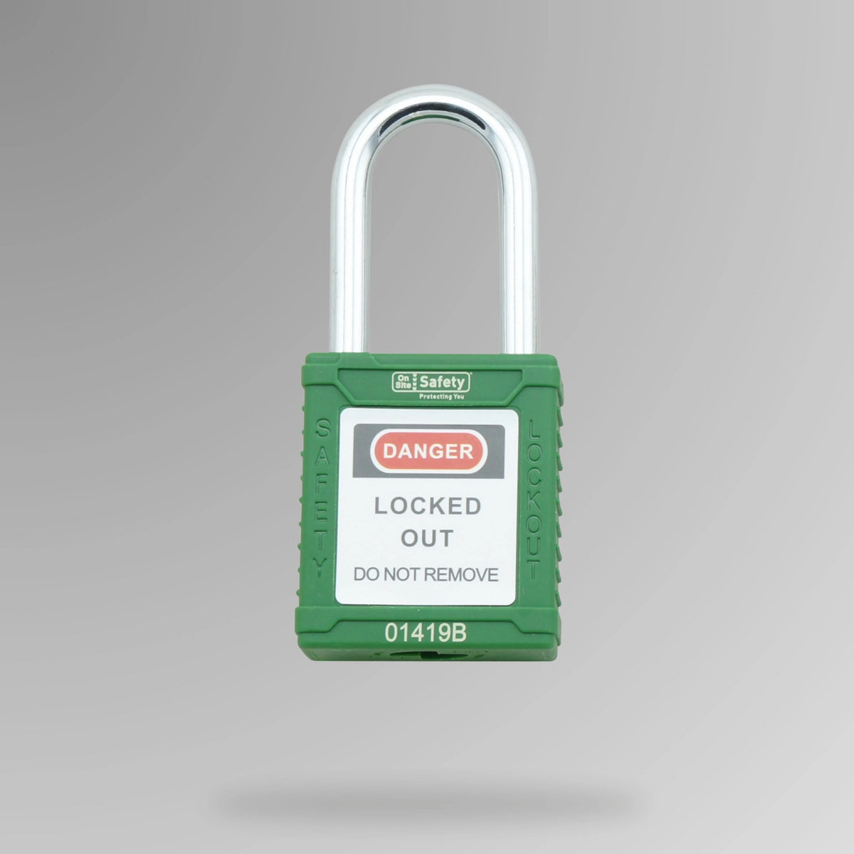 Green LOTO padlock BLT 002 shown upright with non-conductive nylon body and DANGER label for electrical lock out tag out