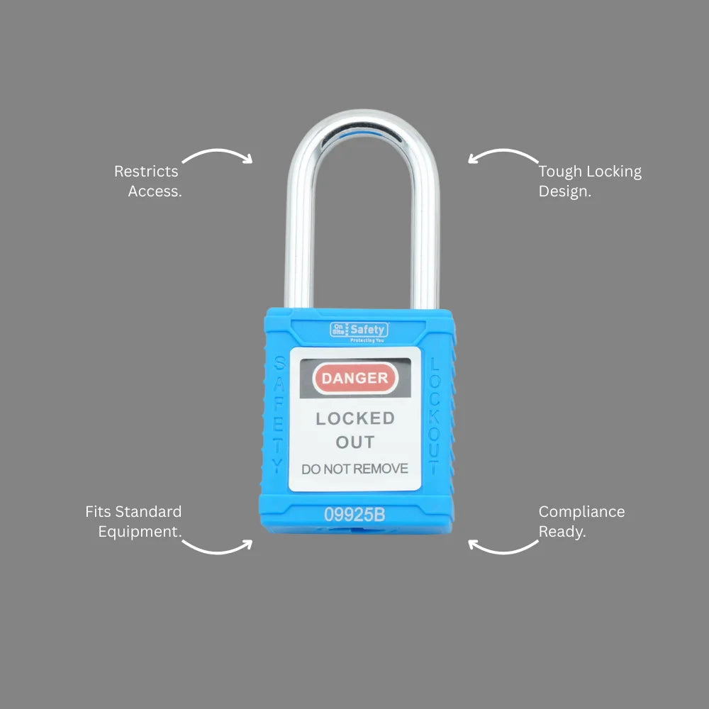 BLT 003 blue safety padlock with callout highlighting AS4024.1603 compliance, wide temperature range, and keyed different traceability
