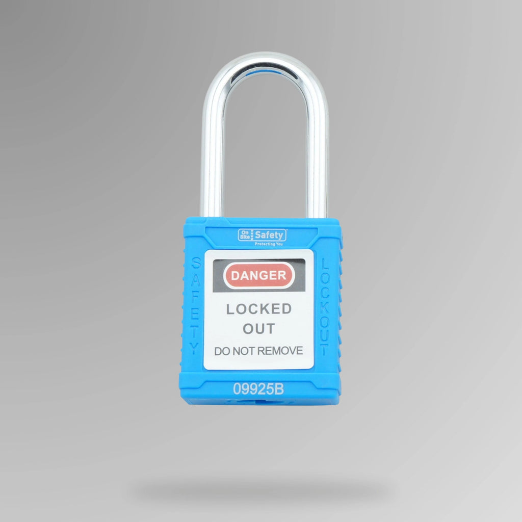 Blue LOTO padlock BLT 003 shown upright with non-conductive nylon construction and DANGER label for safe lock out tag out