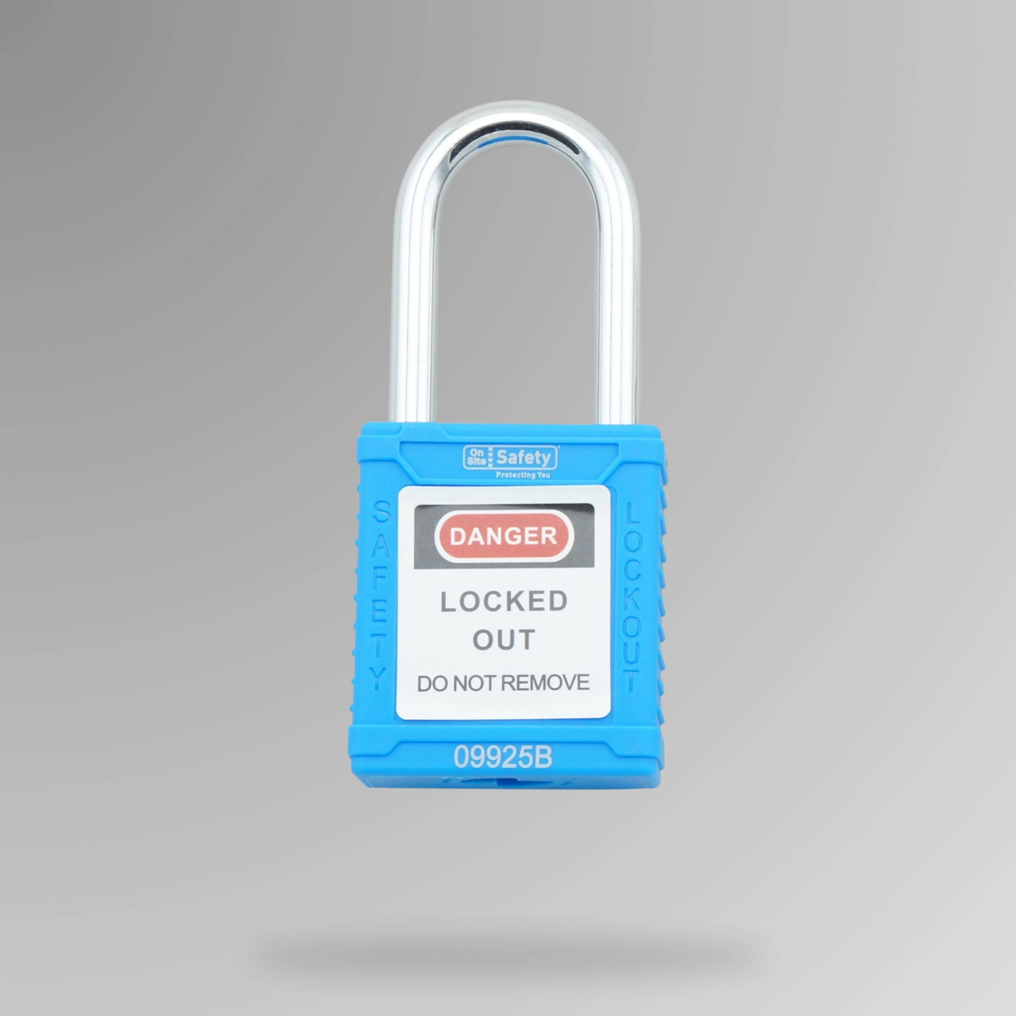 Blue LOTO padlock BLT 003 shown upright with non-conductive nylon construction and DANGER label for safe lock out tag out
