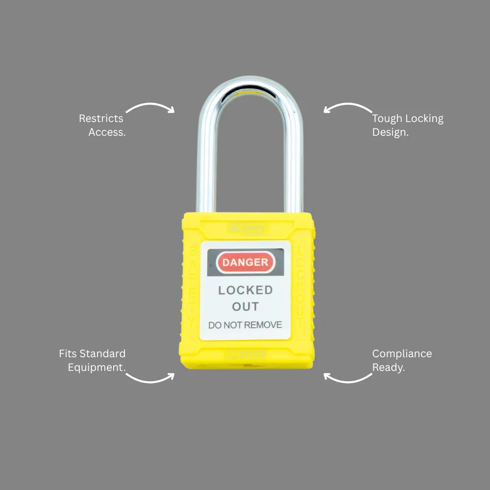 BLT 004 yellow safety padlock with callout showing AS4024.1603 compliance, extreme temperature performance, and keyed different traceability