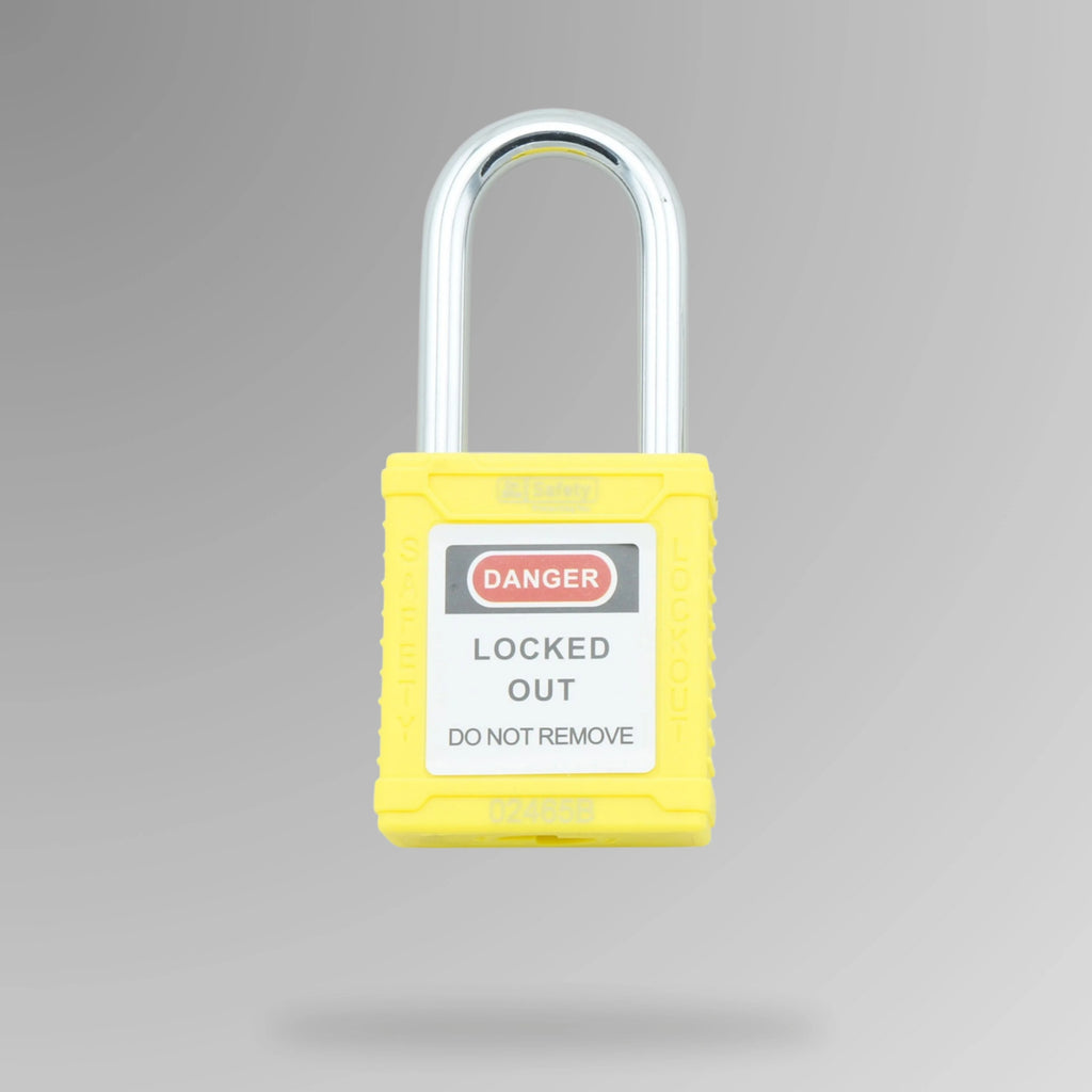 Yellow LOTO padlock BLT 004 shown upright with non-conductive nylon casing and DANGER label for high visibility lock out tag out