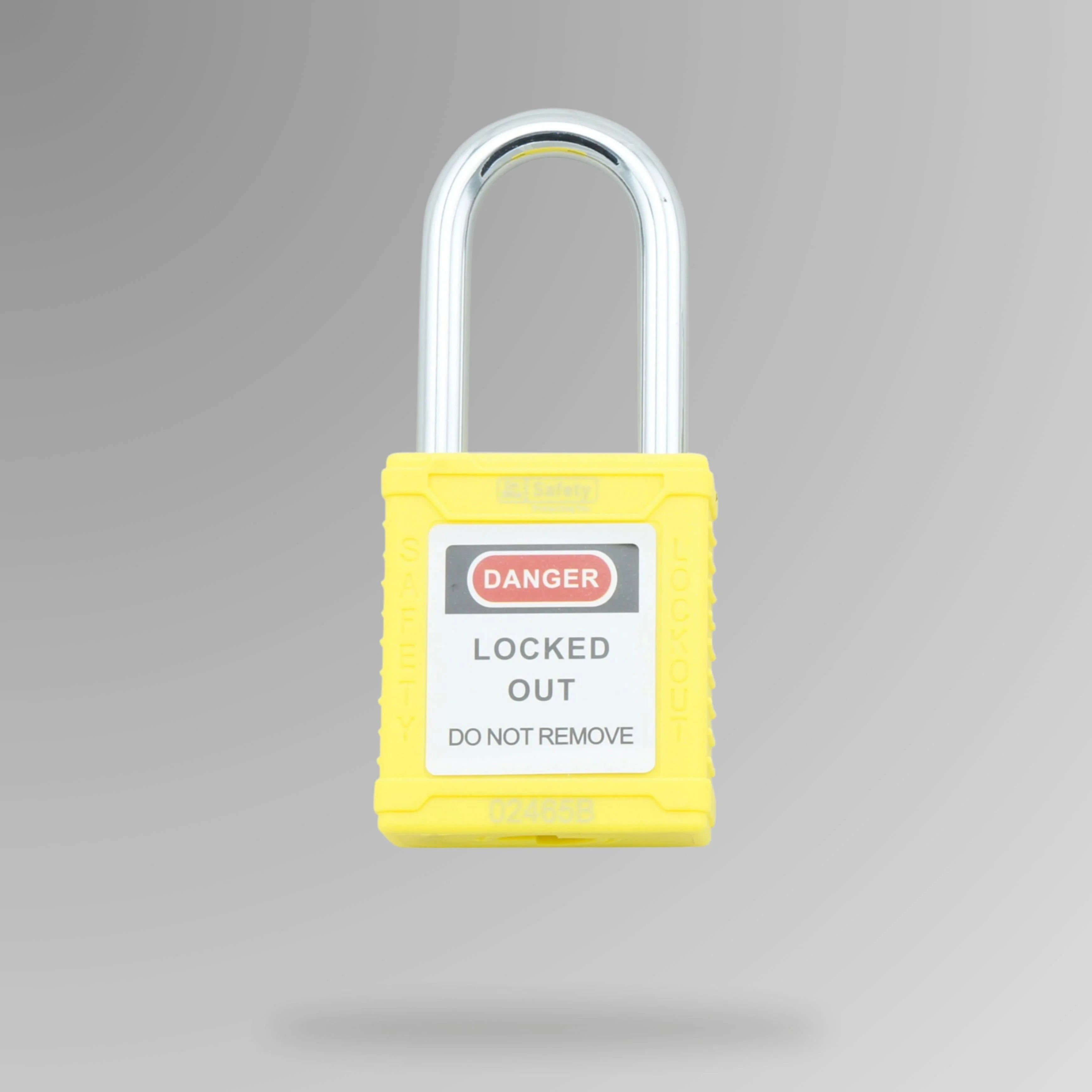 Yellow LOTO padlock BLT 004 shown upright with non-conductive nylon casing and DANGER label for high visibility lock out tag out
