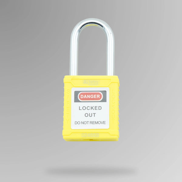 Yellow LOTO padlock BLT 004 shown upright with non-conductive nylon casing and DANGER label for high visibility lock out tag out