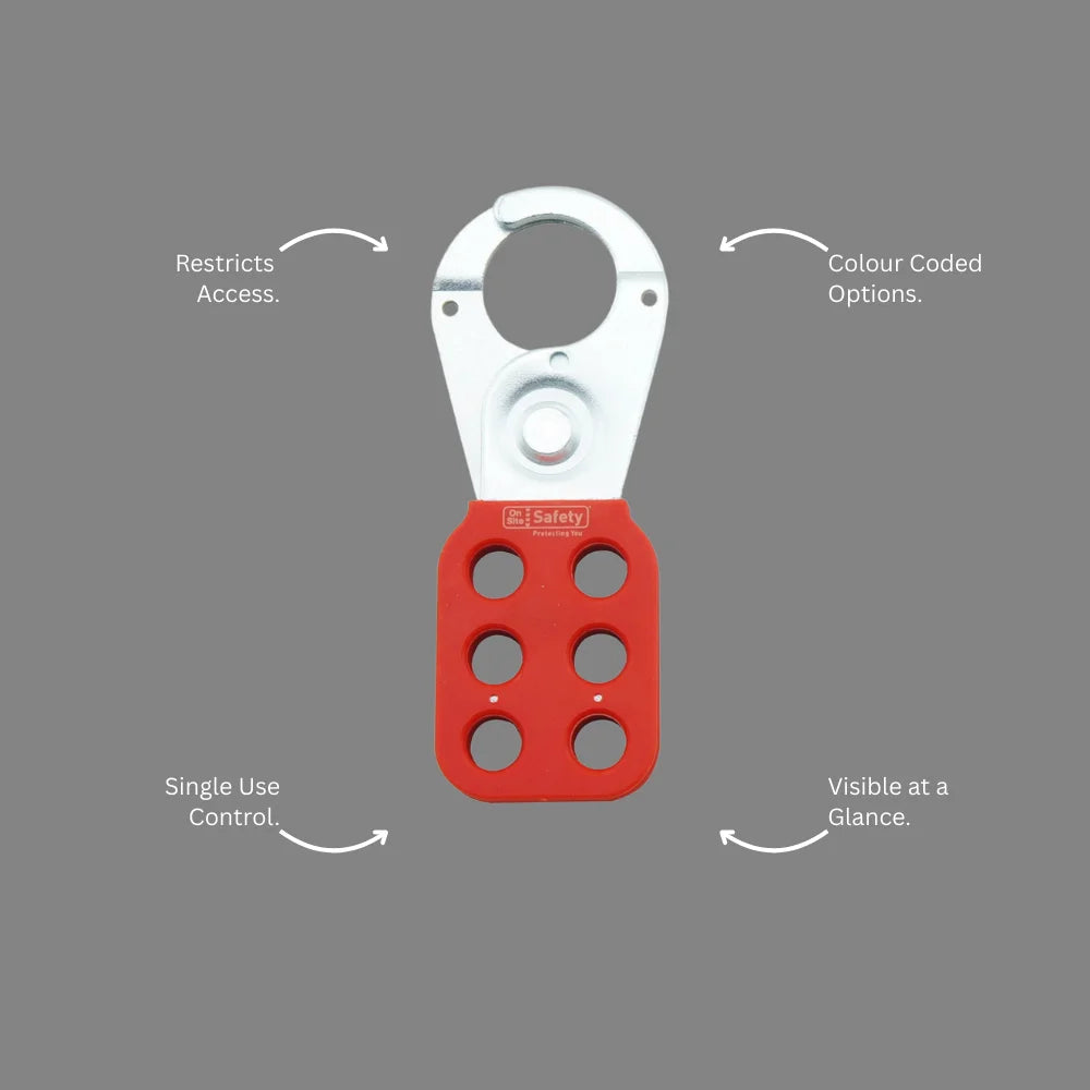 BLT 005 LOTO metal hasp with callout highlighting group lockout capability and durable construction for compliance