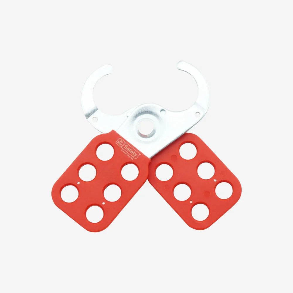 Metal hasp BLT 005 displayed flat showing 115 x 40mm dimensions and multiple padlock holes for lock out tag out procedures