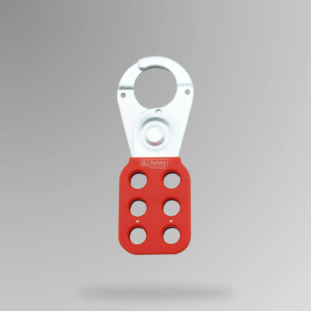 Red metal hasp BLT 005 shown upright displaying 25mm jaw opening for group lockout with multiple LOTO padlocks