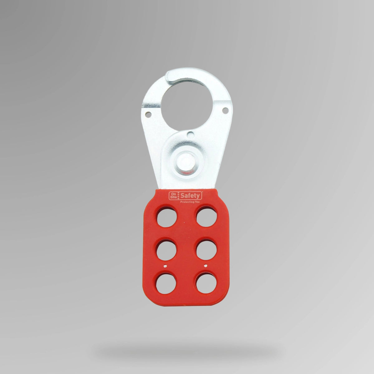 Red metal hasp BLT 005 shown upright displaying 25mm jaw opening for group lockout with multiple LOTO padlocks