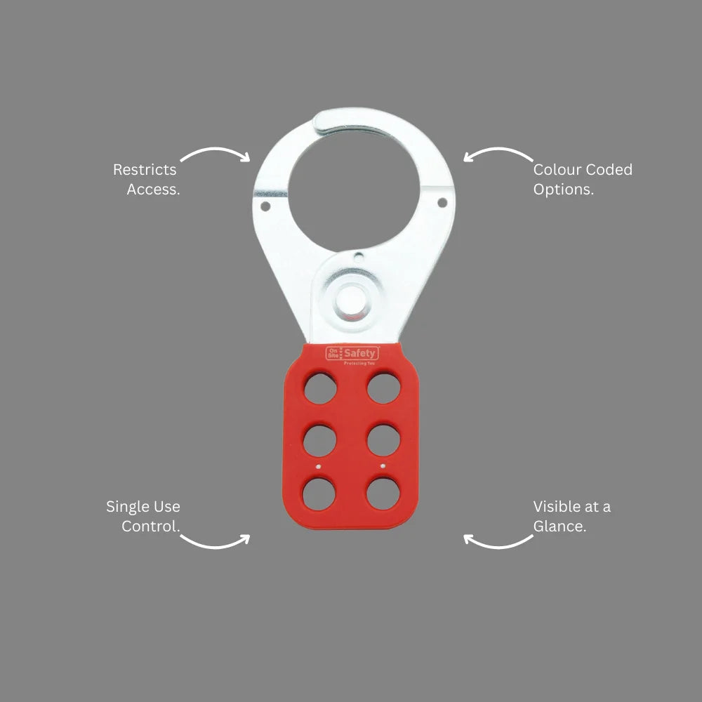 BLT 006 LOTO metal hasp with callout showing larger 38mm opening and team lockout features for safety compliance