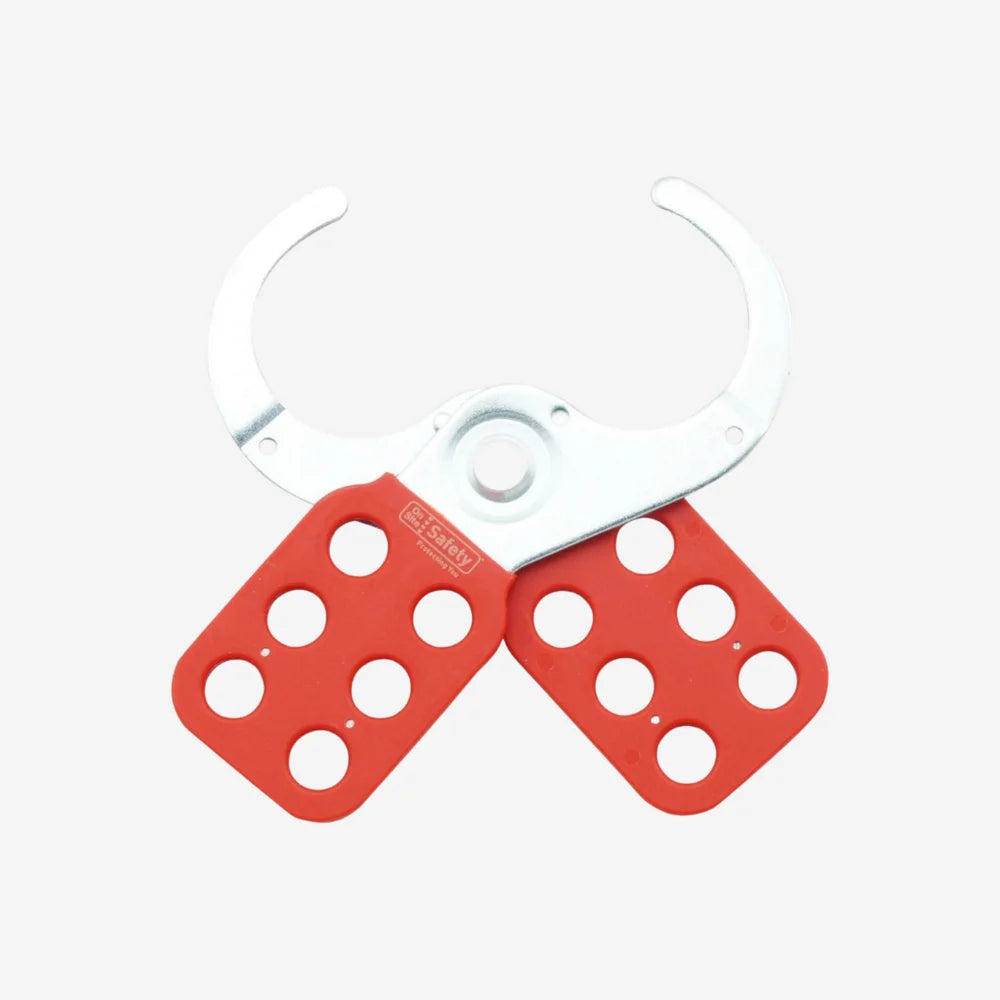 Metal hasp BLT 006 displayed flat showing 128 x 40mm dimensions and expanded padlock capacity for group lock out tag out