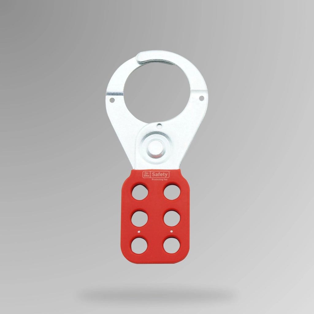 Red metal hasp BLT 006 shown upright displaying 38mm jaw opening for team lockout with multiple LOTO padlocks