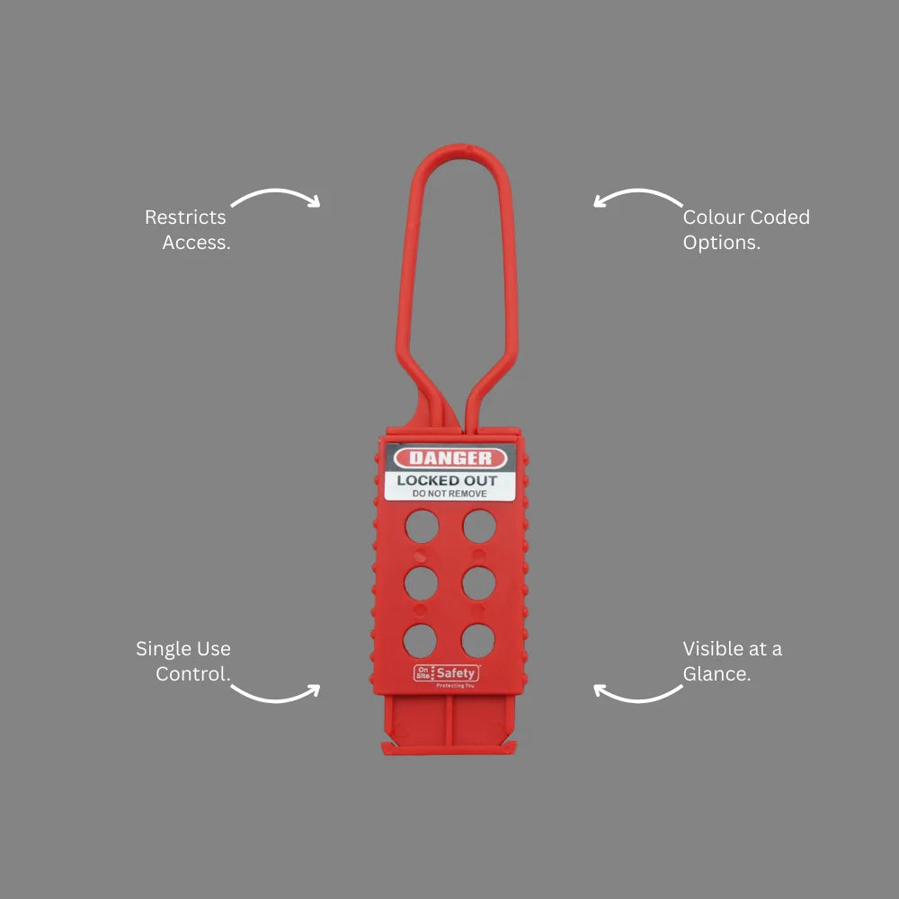 BLT 007 LOTO nylon hasp with callout highlighting lightweight construction and multiple lock capacity for safety compliance