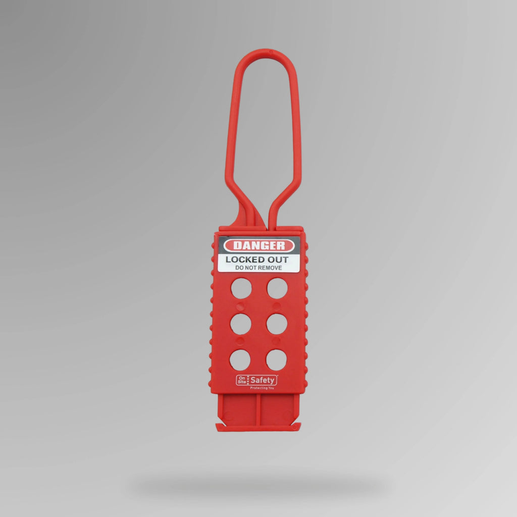 Red nylon hasp BLT 007 shown upright displaying 27mm jaw opening for lightweight LOTO lockout applications