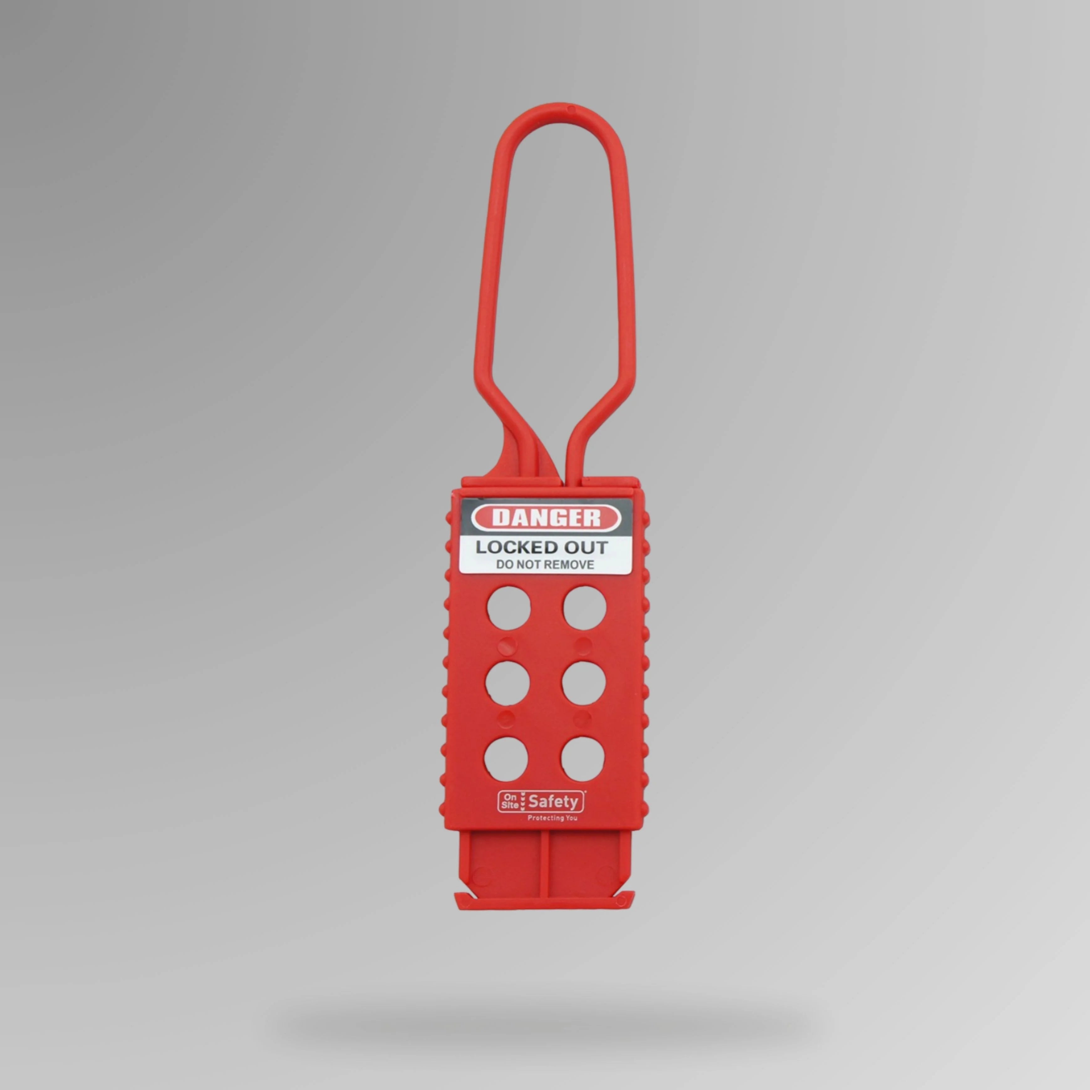 Red nylon hasp BLT 007 shown upright displaying 27mm jaw opening for lightweight LOTO lockout applications