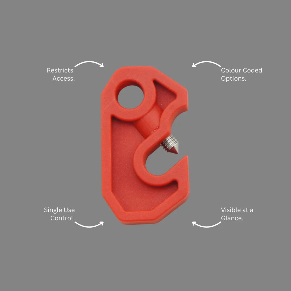 BLT 008 red circuit breaker lockout with callout showing single pole fit and secure blocking feature for electrical compliance