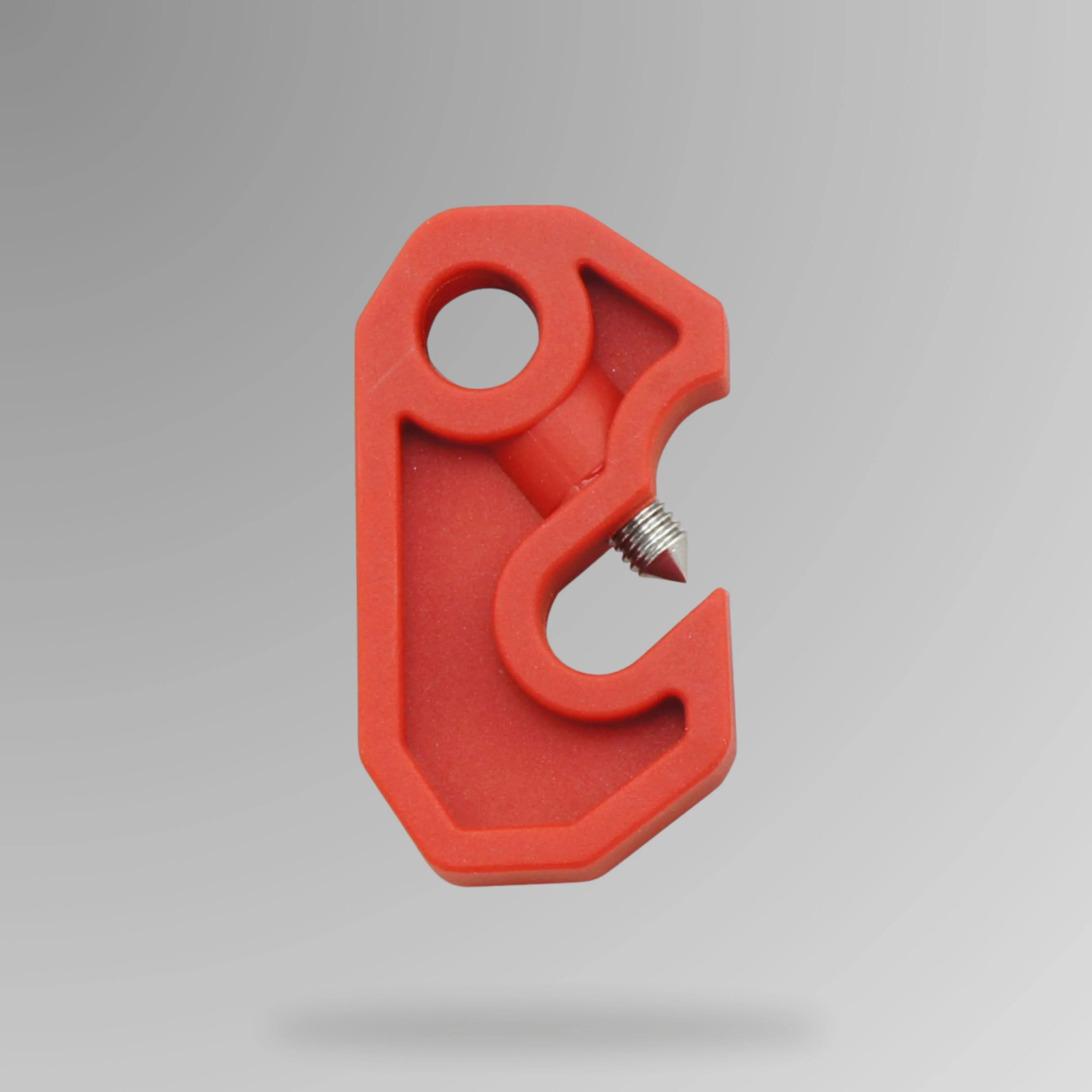 Red circuit breaker lockout BLT 008 shown upright for 44mm single pole LOTO applications on electrical panels