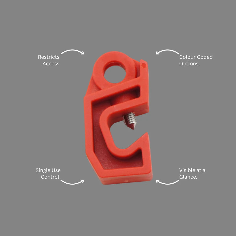 BLT 010 red circuit breaker lockout with callout showing 2 to 4 pole capacity and restart prevention for electrical compliance