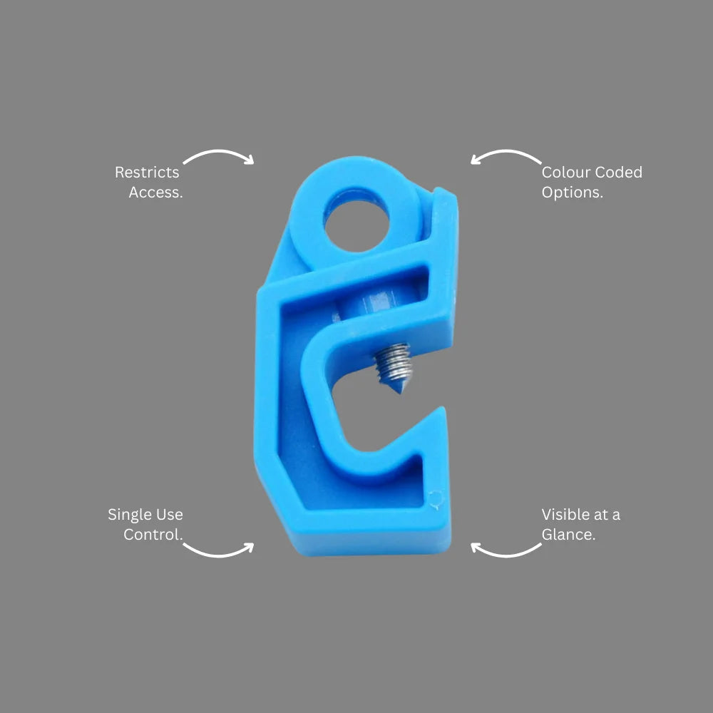 BLT 011 blue circuit breaker lockout with callout highlighting 2 to 4 pole fit and multiple pole security for electrical safety