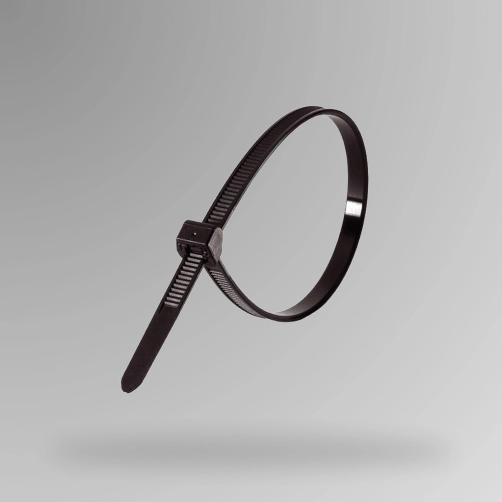 Black cable ties BLT 012 shown upright displaying 300mm length for attaching LOTO safety tags and equipment bundling