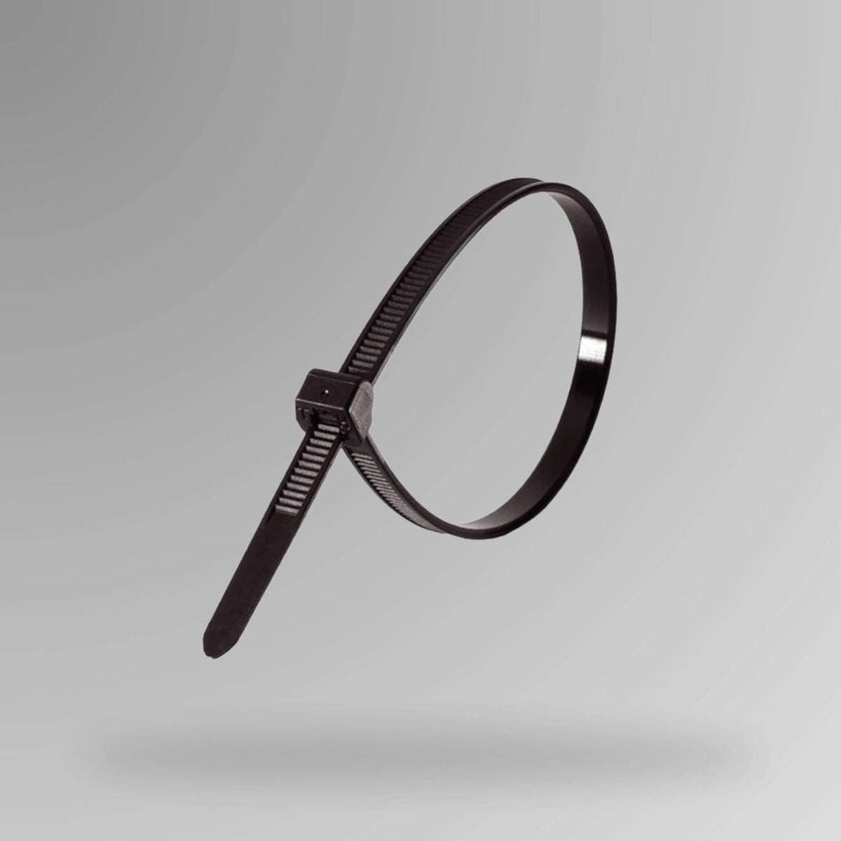 Black cable ties BLT 012 shown upright displaying 300mm length for attaching LOTO safety tags and equipment bundling