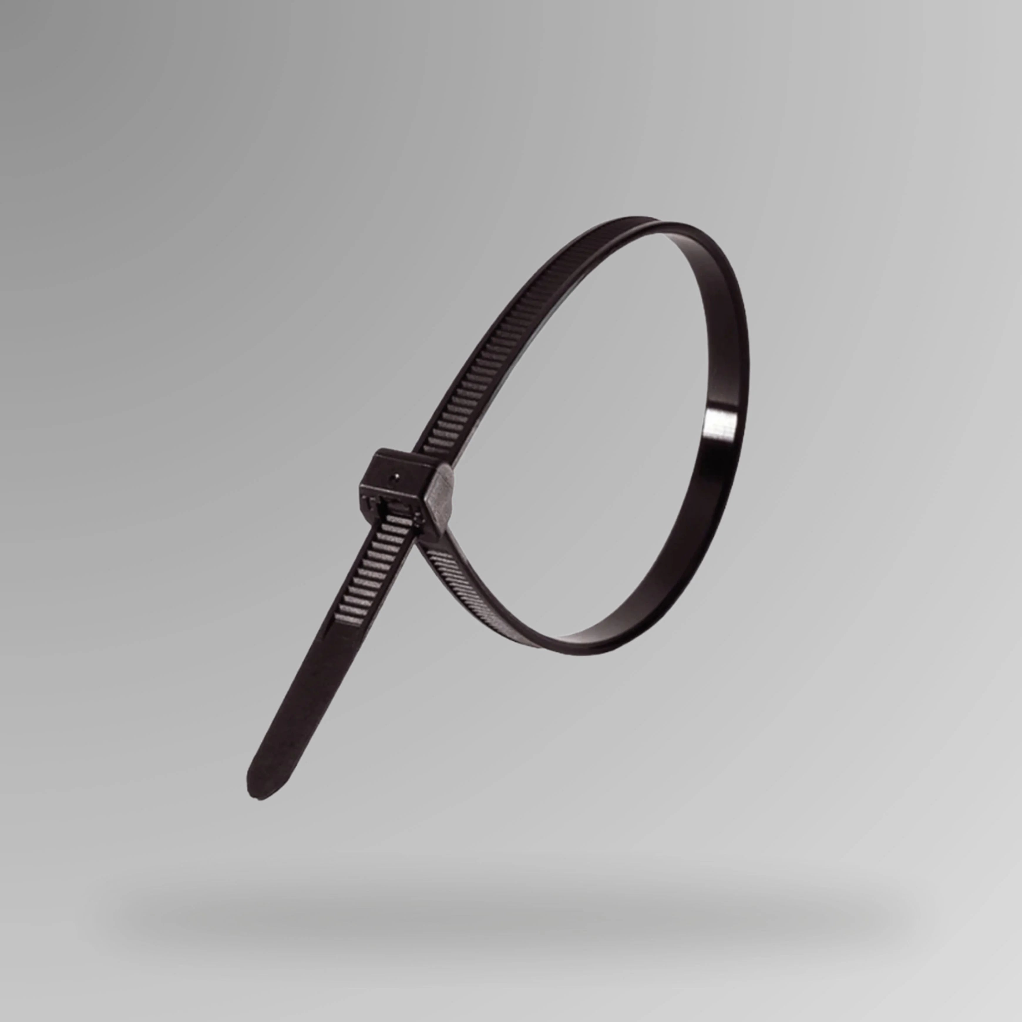 Black cable ties BLT 012 shown upright displaying 300mm length for attaching LOTO safety tags and equipment bundling