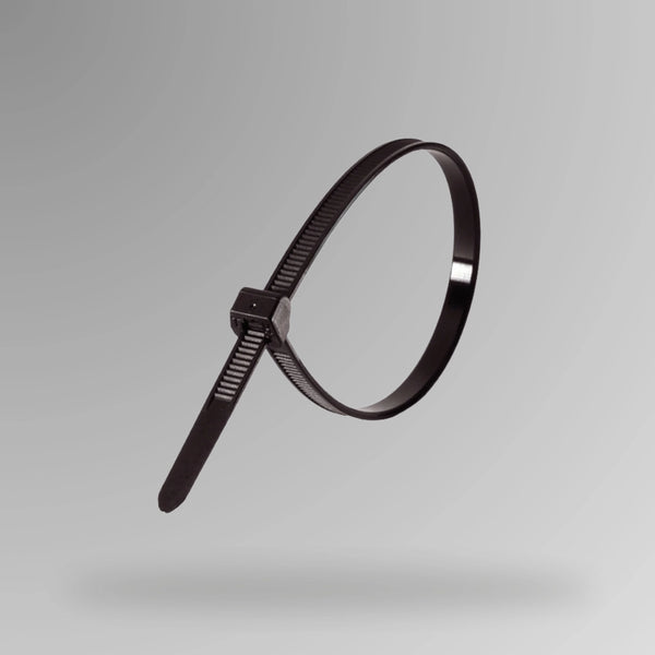 Black cable ties BLT 012 shown upright displaying 300mm length for attaching LOTO safety tags and equipment bundling