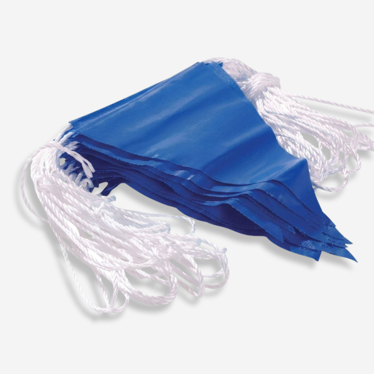 BMT 019 blue bunting flags shown as a wrapped 30m roll secured in plastic packaging with On Site Safety label and barcode, ready for site deployment.