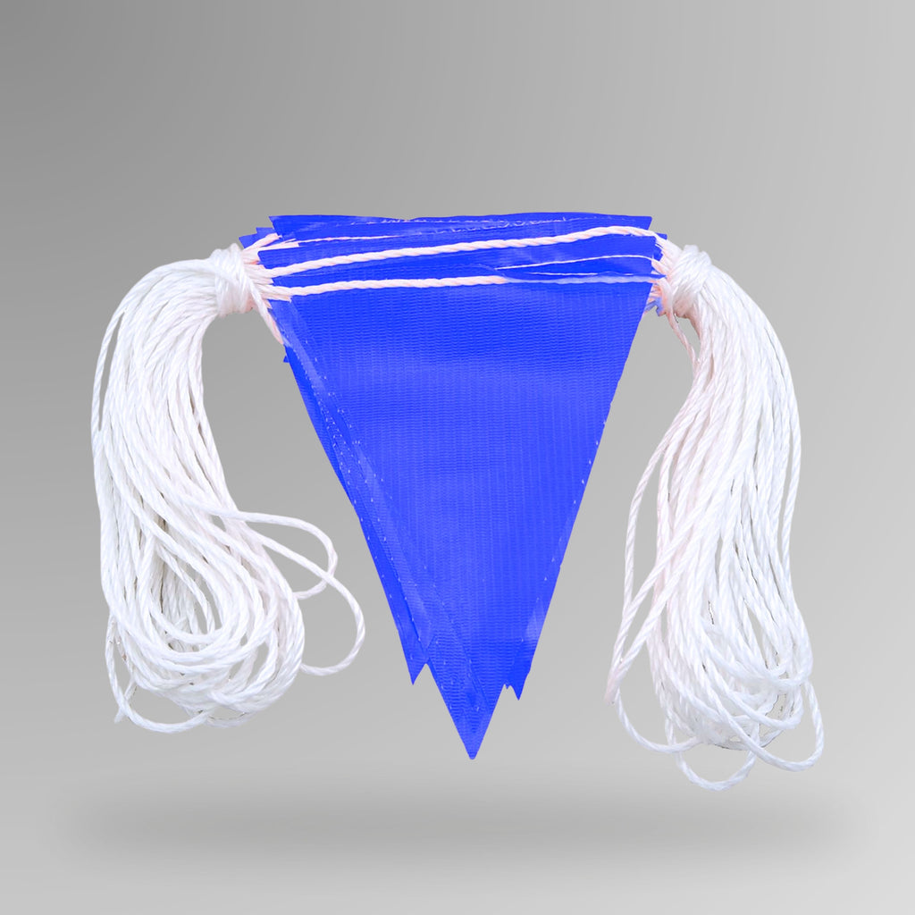 Stack of blue triangular polyethylene bunting flags threaded on white rope, shown loose on a white background. 30m length for site barricading and hazard delineation.