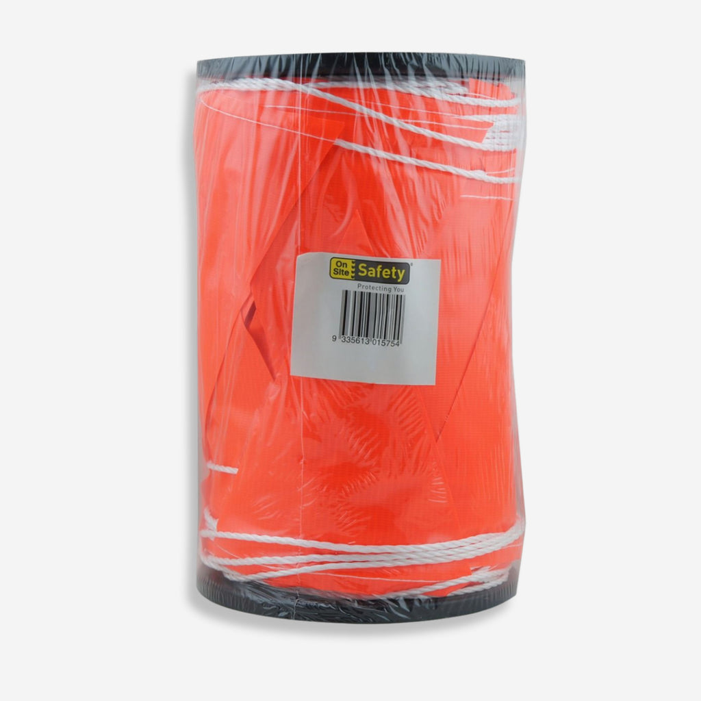 BMT 020 orange bunting flags shown as a wrapped 100m roll secured in plastic packaging with On Site Safety label and barcode, ready for site deployment.