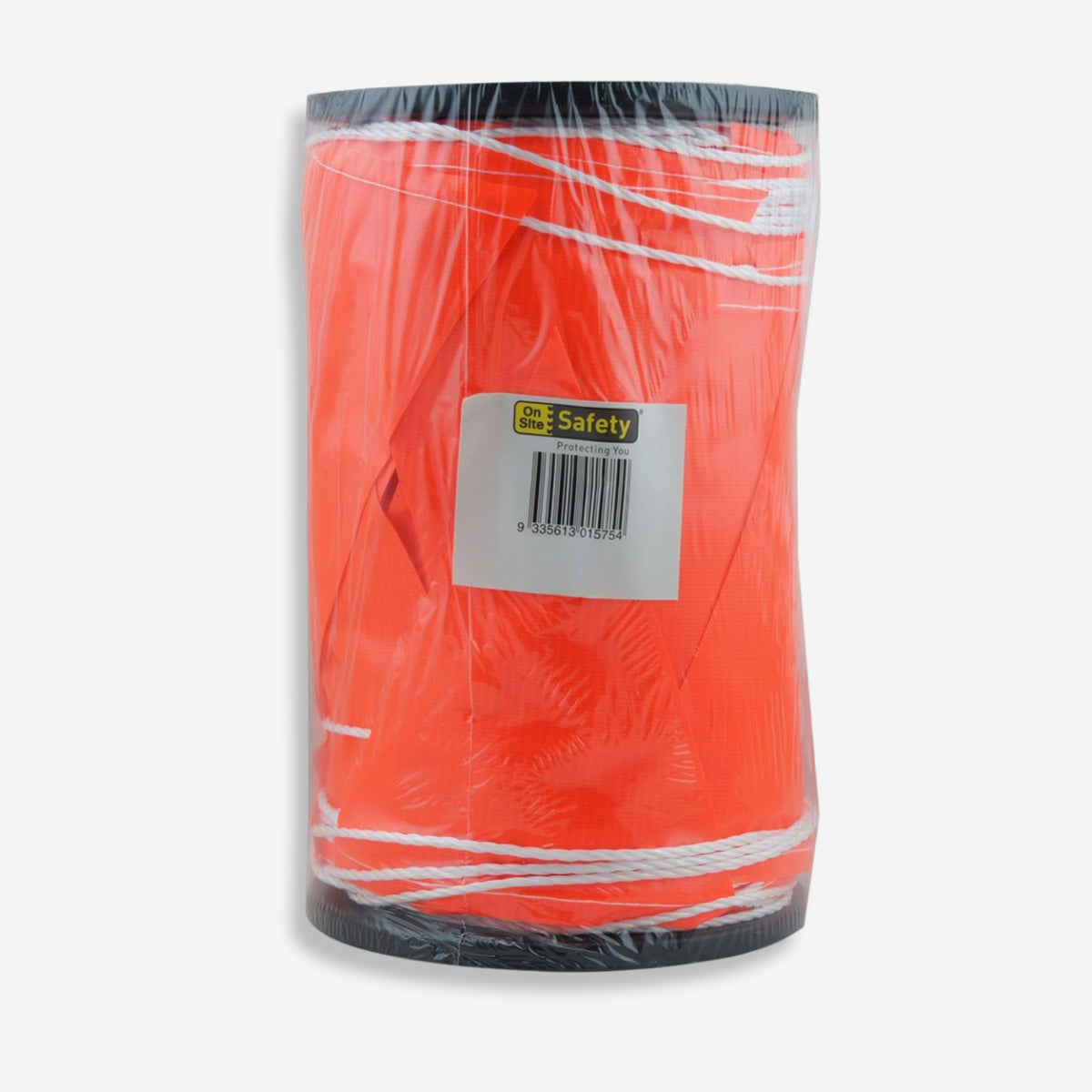 BMT 020 orange bunting flags shown as a wrapped 100m roll secured in plastic packaging with On Site Safety label and barcode, ready for site deployment.