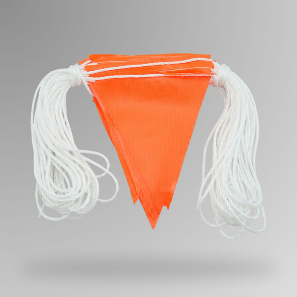Stack of orange triangular polyethylene bunting flags threaded on white rope, shown loose on a white background. 100m roll for site barricading and hazard delineation.