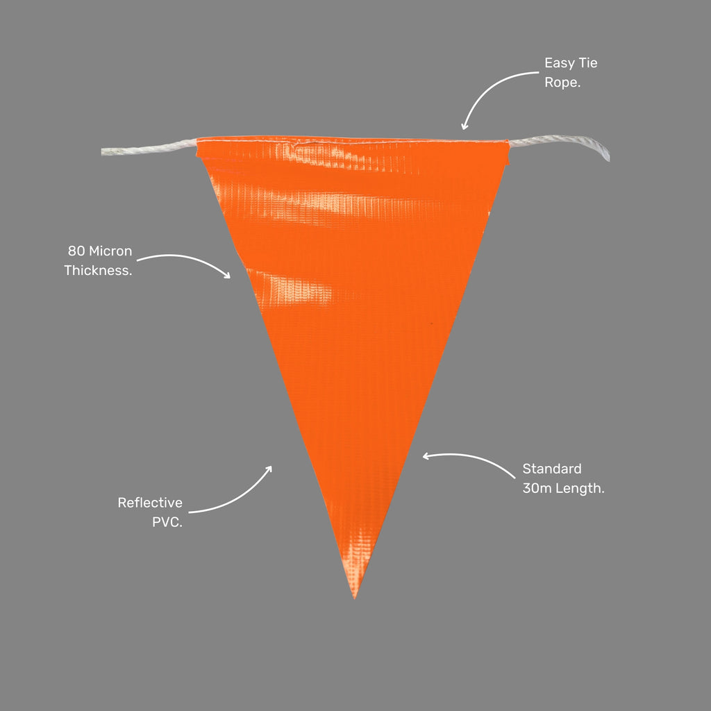 Orange triangular polyethylene bunting flags on white rope shown at an angle, suitable for barricading and area delineation on construction, mining and industrial worksites.